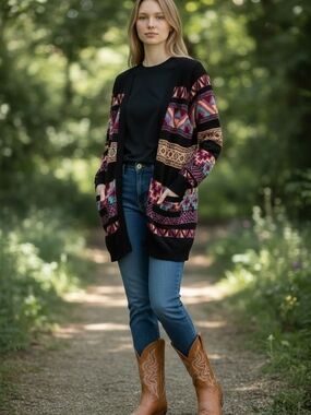 Como Vintage Aztec Open-Front Cardigan with Red, Purple & Teal Pattern Sz 3X
